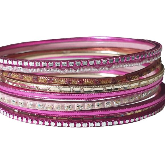 Etched Pink Fuchsia Metal Bangle Bracelets Set of 10 Fashion Costume Barbie Core - Picture 4 of 6
